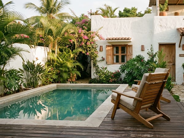 A peaceful boutique hotel exterior with quiet pool