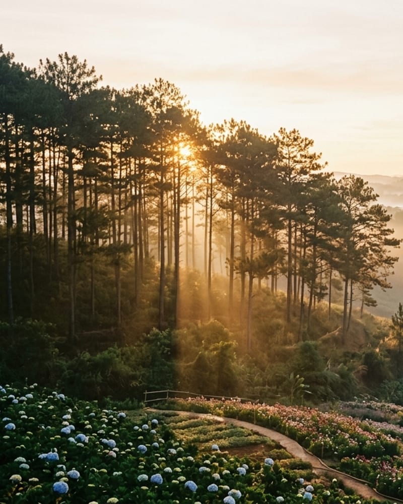 Da Lat highlands with flower fields