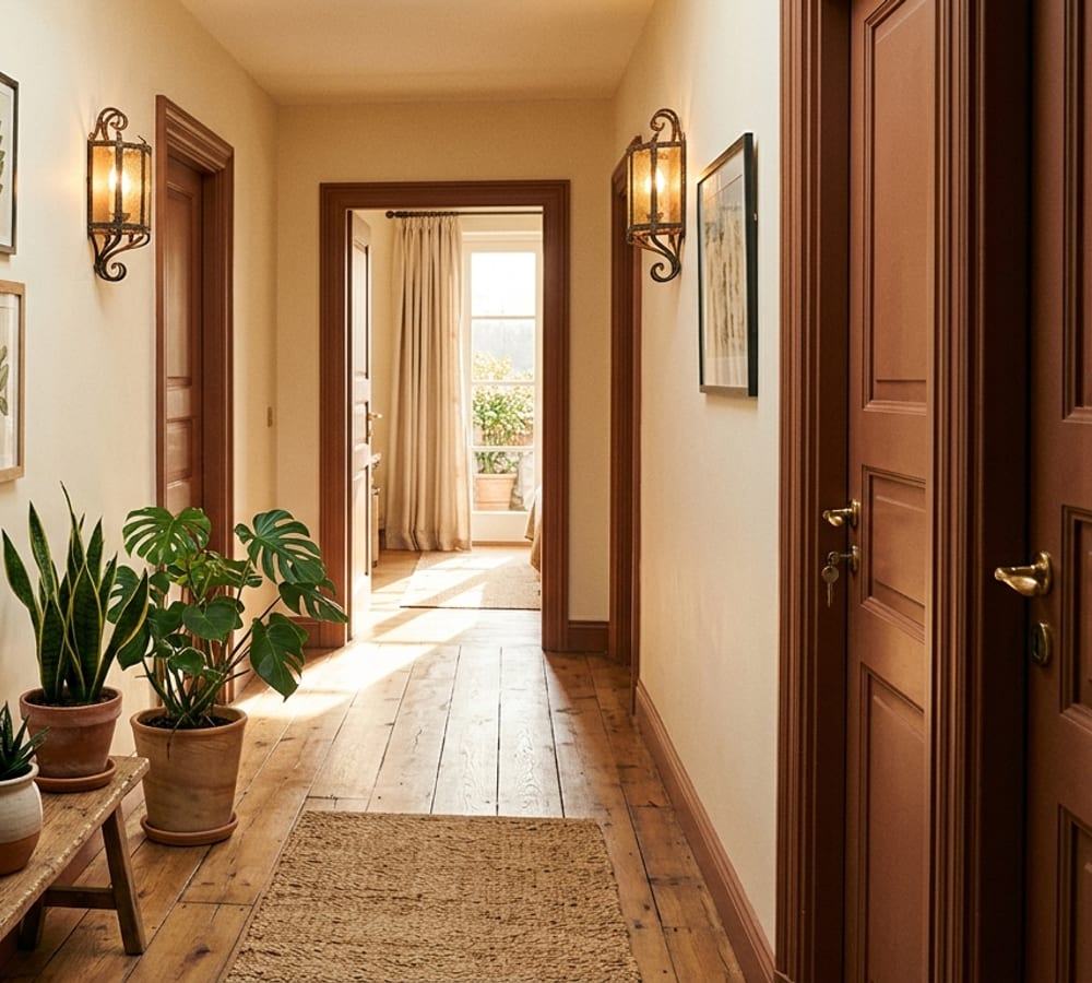A quiet boutique hotel hallway with warm light